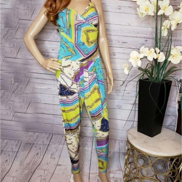 True Rock Womens Abstract Vibrant Print Jumpsuit W/ Adjustable Straps Pockets S - Picture 2 of 9